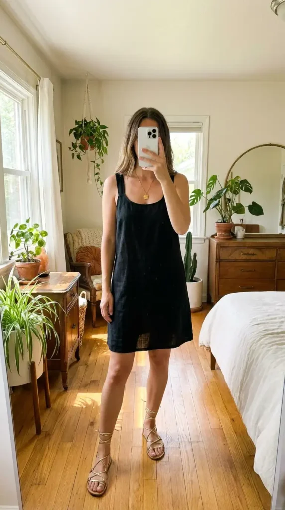 A simple black and gold summer outfit idea with a black linen sundress and gold lace-up flat sandals.
