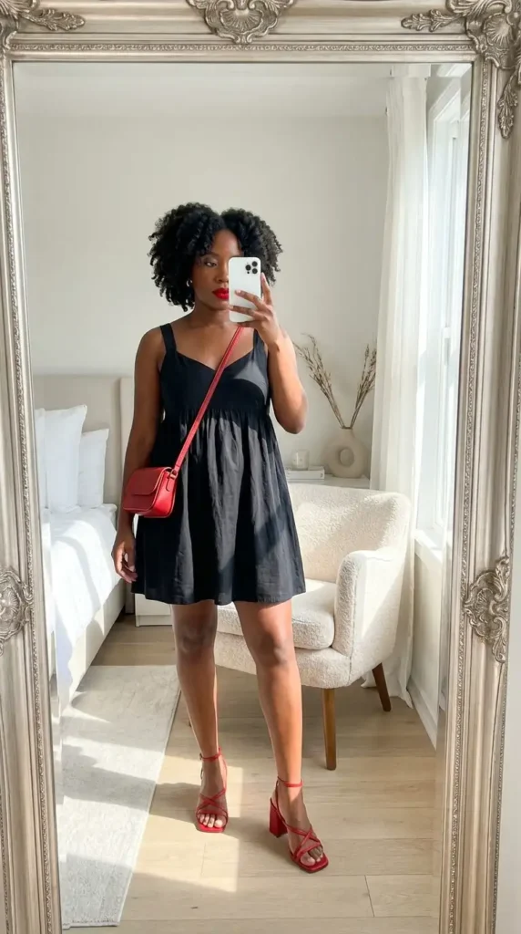 Black sundress with red block heels and red crossbody bag – summer red and black outfit ideas black women
