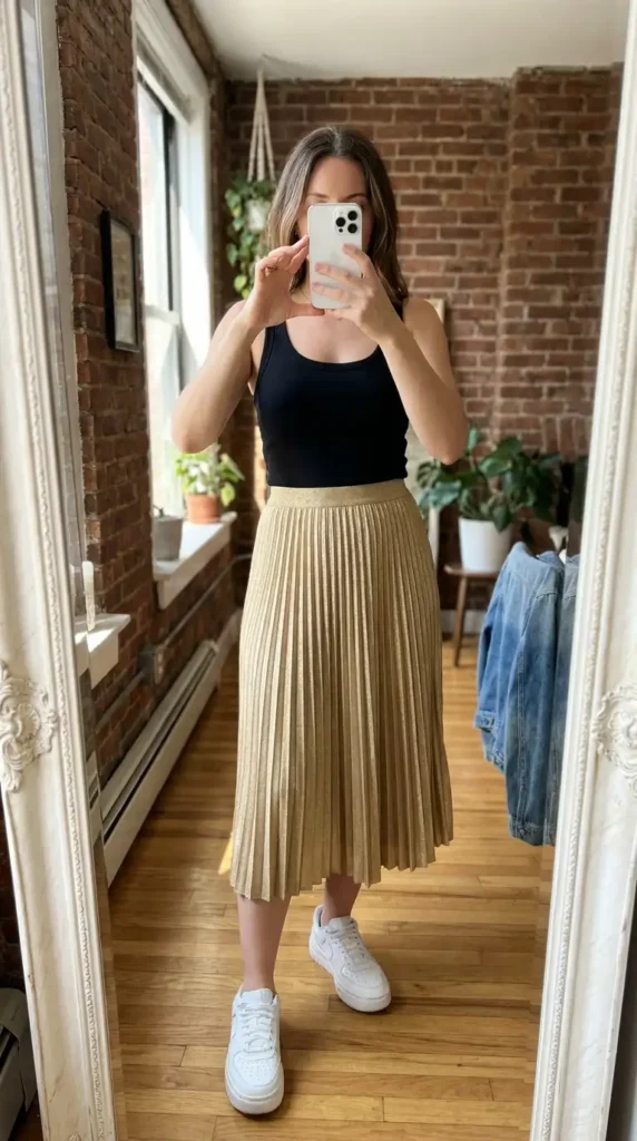 A fresh black and gold summer outfit idea pairing a black tank with a pleated gold metallic midi skirt.
