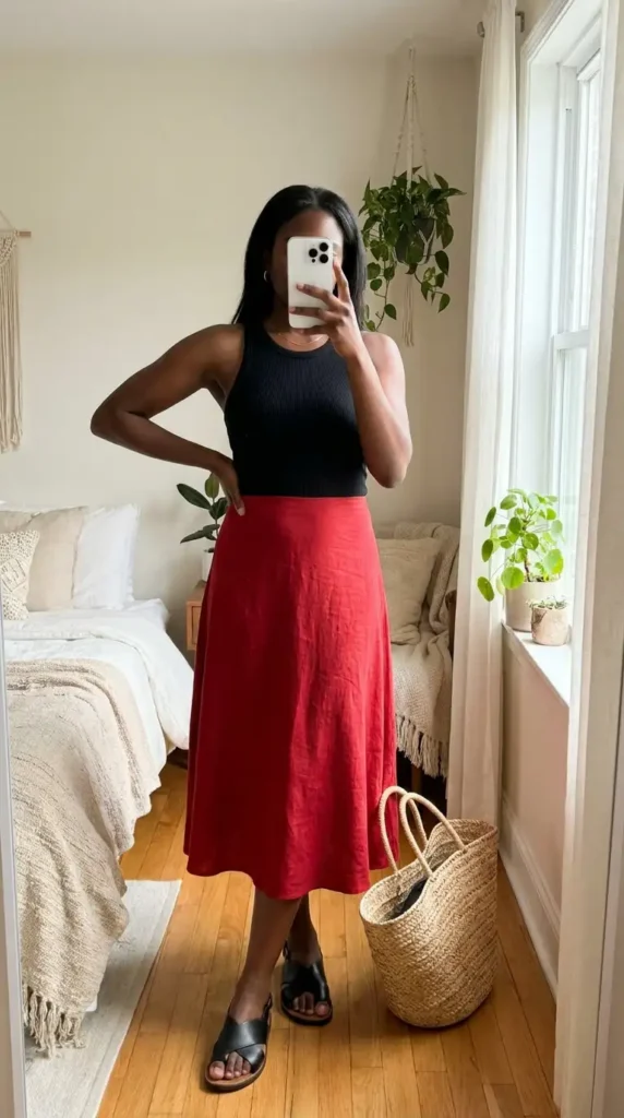 Black ribbed tank top with red flowy midi skirt and black sandals – summer red and black outfit black women
