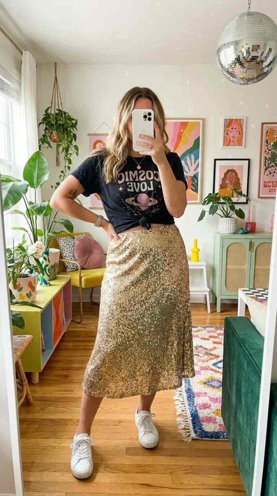 A fun black and gold summer outfit idea with a graphic black tee tucked into a gold sequin midi skirt.
