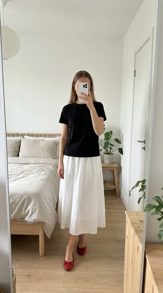 Black tee tucked into a white midi skirt with red ballet flats – red black and white outfit ideas for summer
