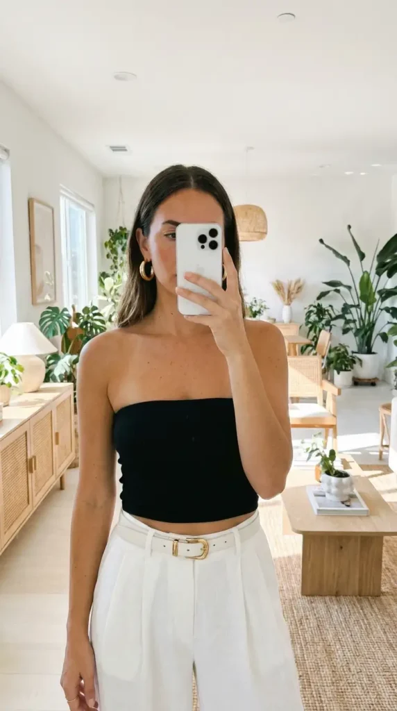 A bold black and gold summer outfit idea with a black tube top, white wide-leg pants, and a gold belt.

