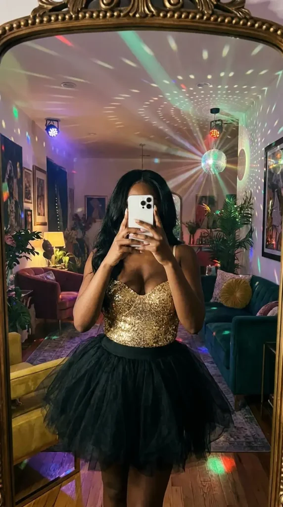 Glamorous gold sequin bodysuit with black tulle skirt, fun black and gold outfit ideas for black women.