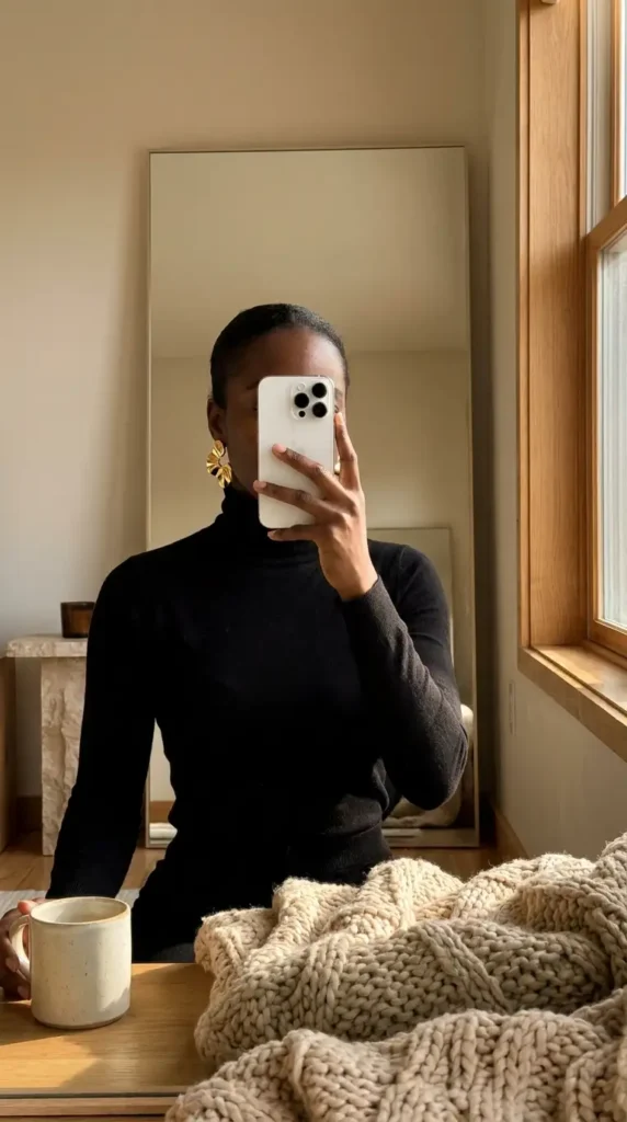Minimalist black turtleneck sweater with bold gold earrings, modern black and gold outfit ideas for black women.