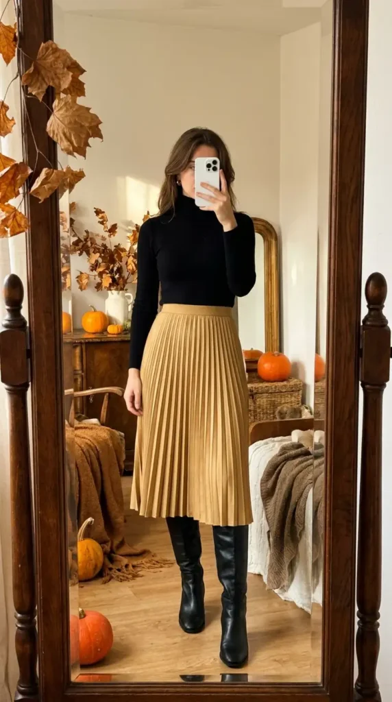 Casual black and gold party outfit ideas with a fitted black turtleneck paired with a pleated gold midi skirt and black boots.
