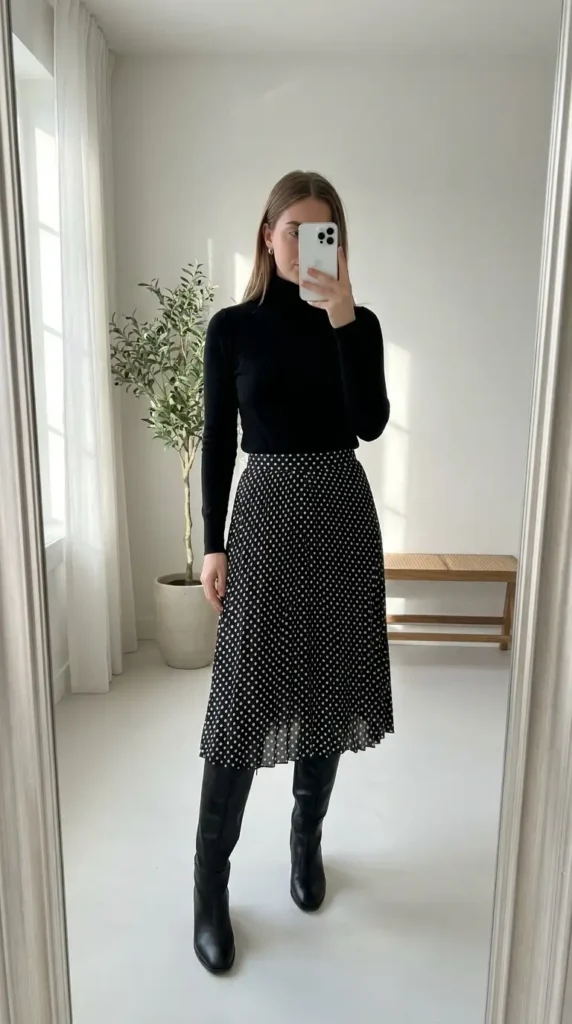 Black and white polka dot skirt outfits paired with a fitted black turtleneck and sleek knee-high boots
