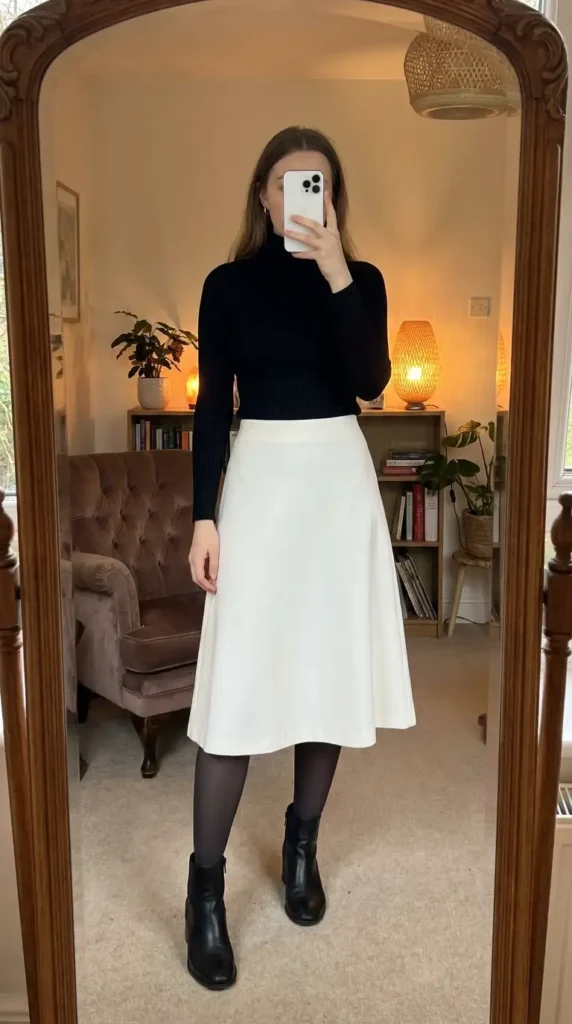 Black turtleneck with a white A-line tailored skirt and ankle boots — a classic black and white formal outfit idea.
