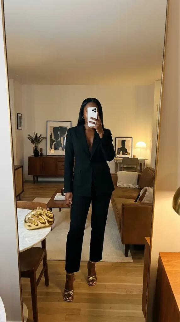 Sharp black two-piece pantsuit paired with gold heels, professional black and gold outfit ideas for black women.