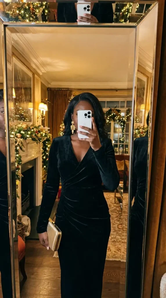 Rich black velvet wrap dress with gold clutch, festive black and gold outfit ideas for black women