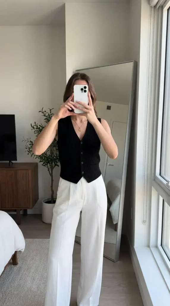 Black ribbed vest over white wide-leg trousers — a modern and minimal black and white formal outfit idea.

