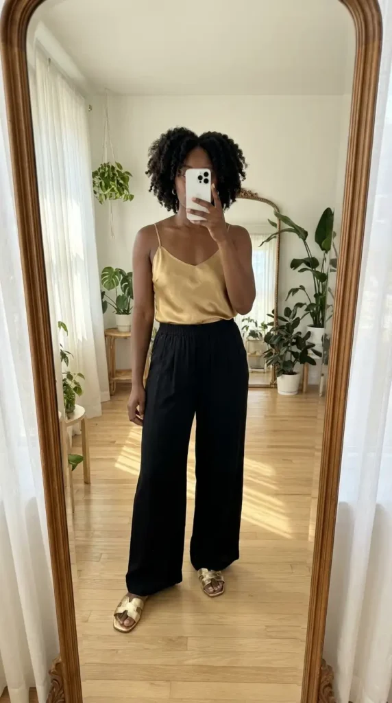 Casual black wide-leg pants with shiny gold cami top, everyday black and gold outfit ideas for black women