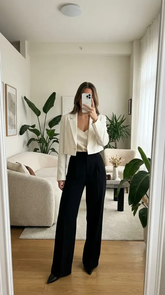 White crop blazer over black wide-leg trousers and heels — a sharp black and white formal outfit idea.
