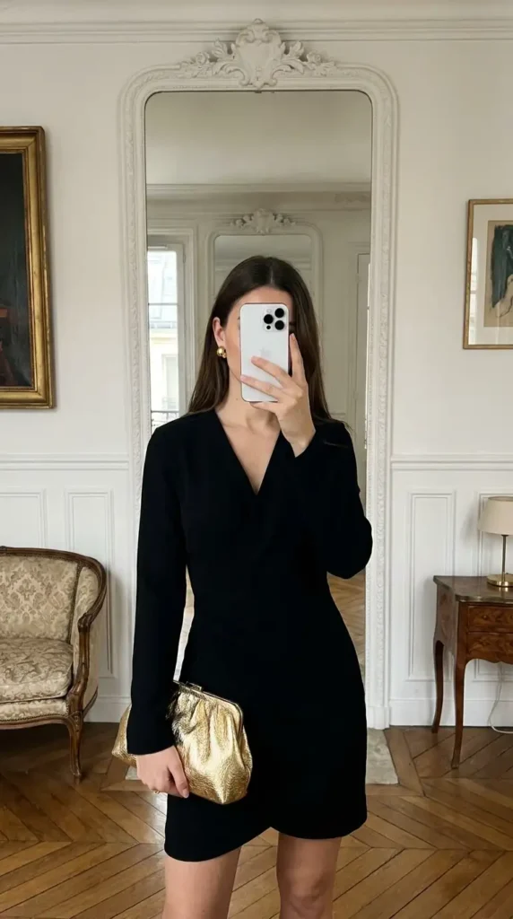 Casual black and gold party outfit ideas featuring a classic black wrap mini dress accessorized with a gold metallic clutch.
