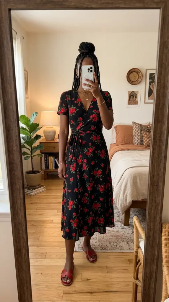 Black wrap midi dress with red floral print and red sandals – summer red and black outfit ideas black women
