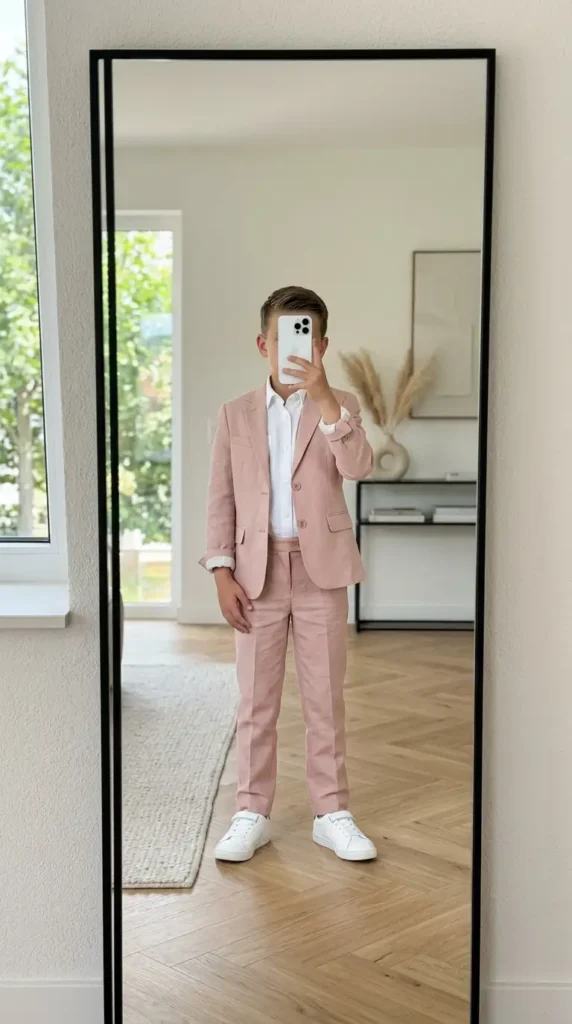 Blush pink boys suit outfit idea for wedding summer with two-button blazer, white shirt, and white sneakers in a mirror selfie.
