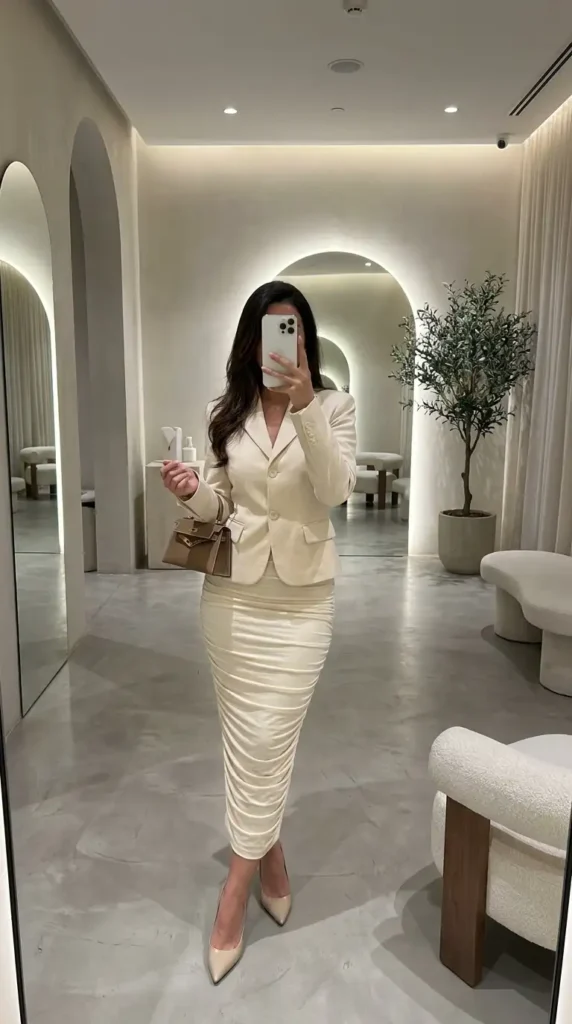 Ivory bodycon rush skirt outfit idea with matching blazer and nude heels for an elegant look