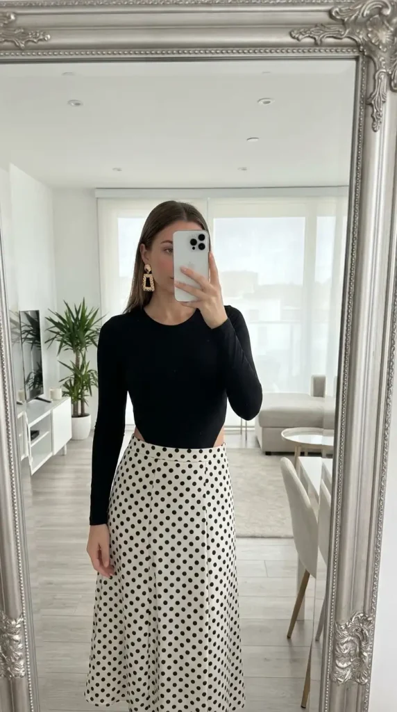 Black and white polka dot skirt outfits with a long-sleeve black bodysuit and bold gold statement earrings
