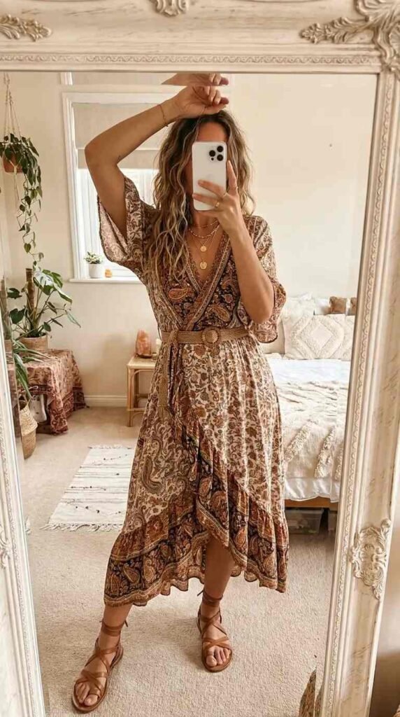 Hippie outfit ideas for women featuring a paisley wrap midi dress, layered gold necklaces & lace-up sandals.
