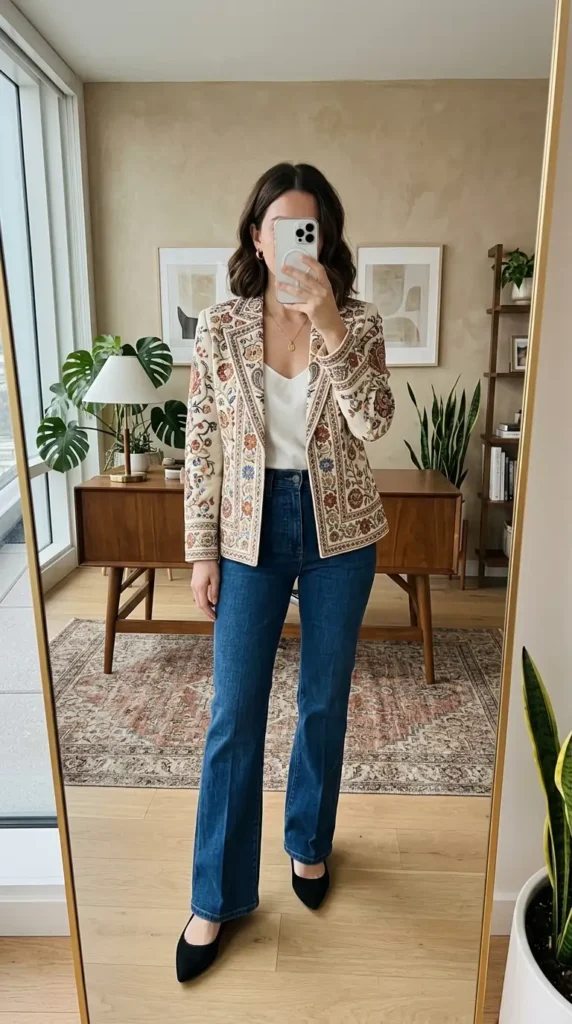 Boho blazer over white cami and flared jeans — sophisticated hippie outfit ideas for women with floral embroidery.
