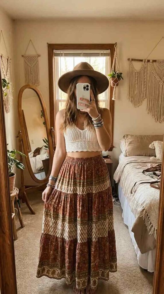 Boho crochet crop top with tiered rust maxi skirt and wide-brim hat — summer family reunion outfit ideas