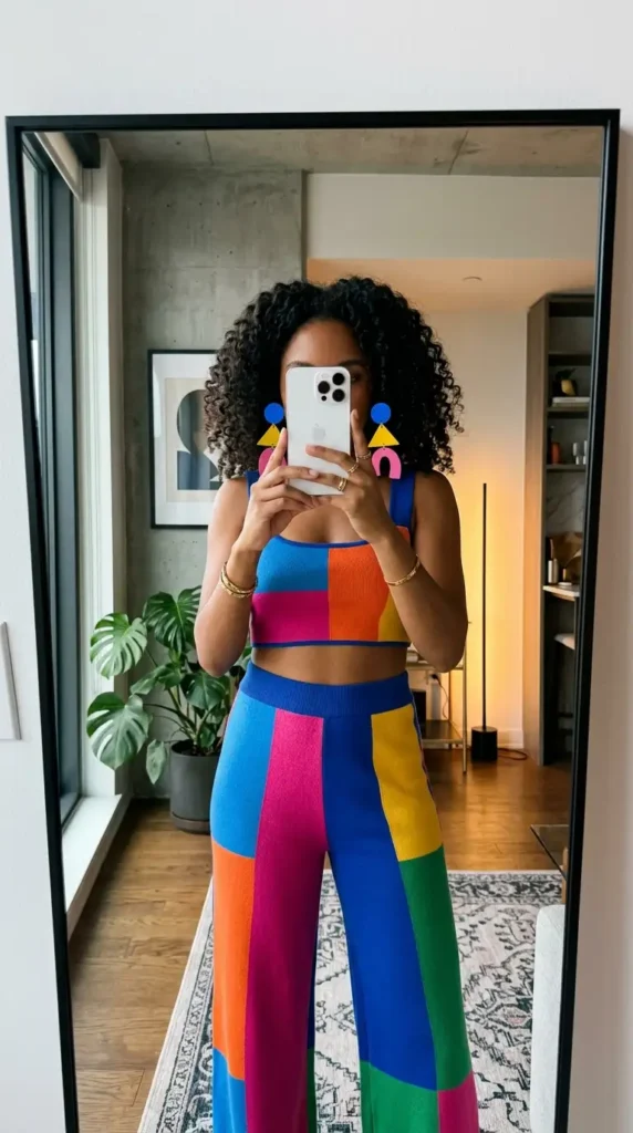 Bold color-block crop top and wide-leg pants — artsy summer outfit ideas with geometric earrings
