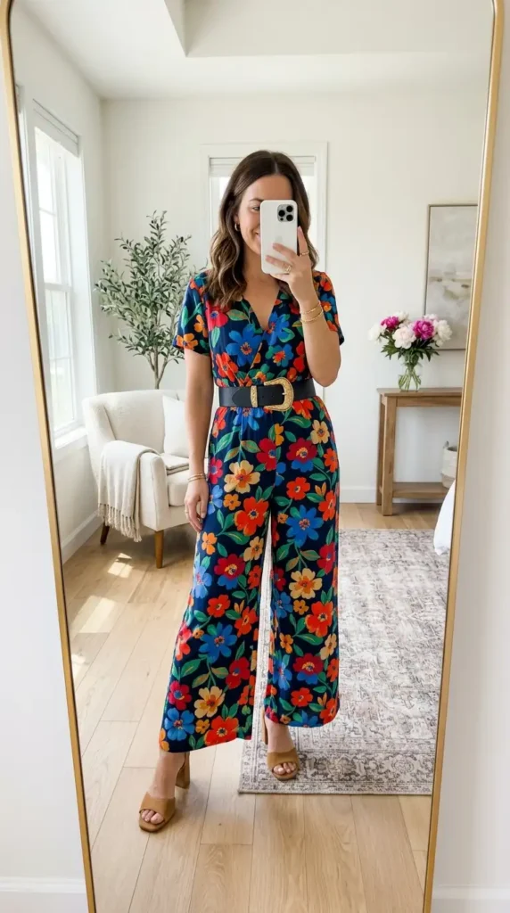 Artistic style outfits for women: bold floral jumpsuit in navy with wide legs, belt, and tan heels.
