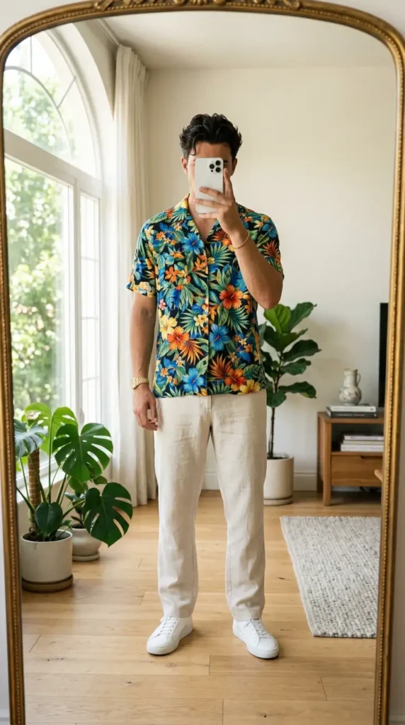 Bold tropical floral shirt with cream linen pants — vibrant summer artsy outfits for men, mirror selfie
