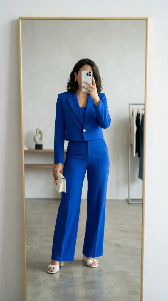 Royal blue blazer and wide-leg trouser set — a chic summer wedding anniversary outfit idea for women.

