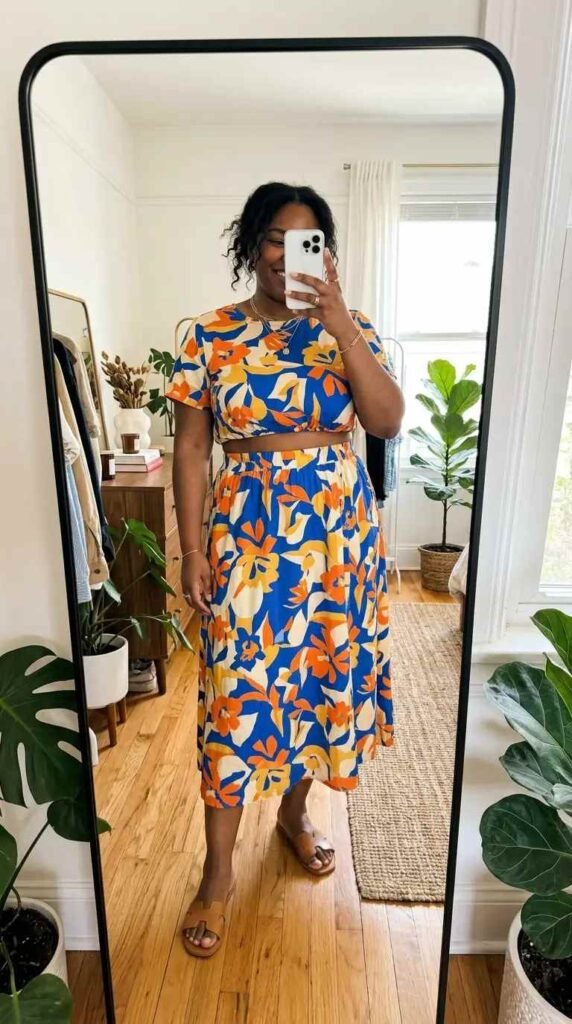 Bold floral co-ord set mirror selfie — summer artsy outfit ideas for plus size women in blue and orange.
