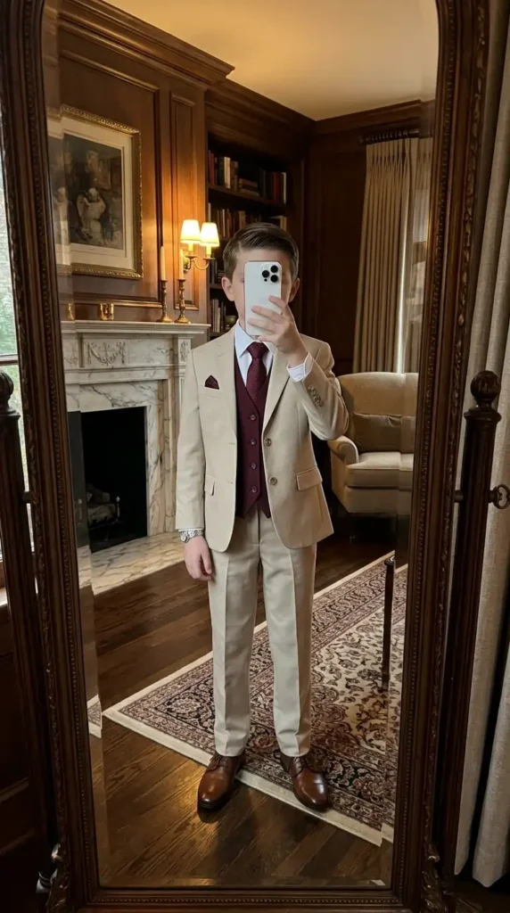 Boys suit outfit idea for wedding summer — beige blazer with burgundy vest, floral tie, and brown dress shoes in classic interior.