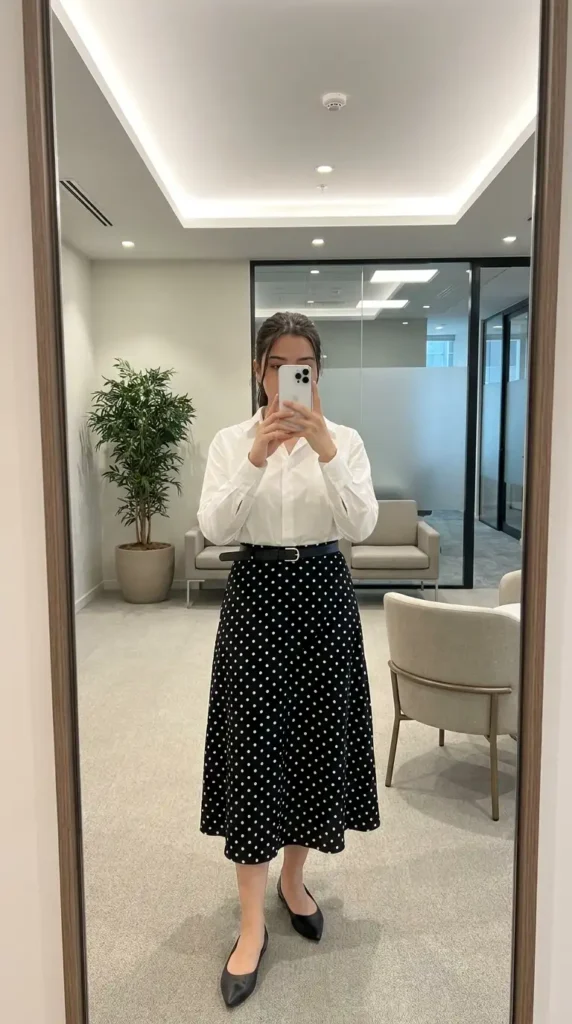 Black and white polka dot skirt outfits with a white button-down shirt and a thin black waist belt
