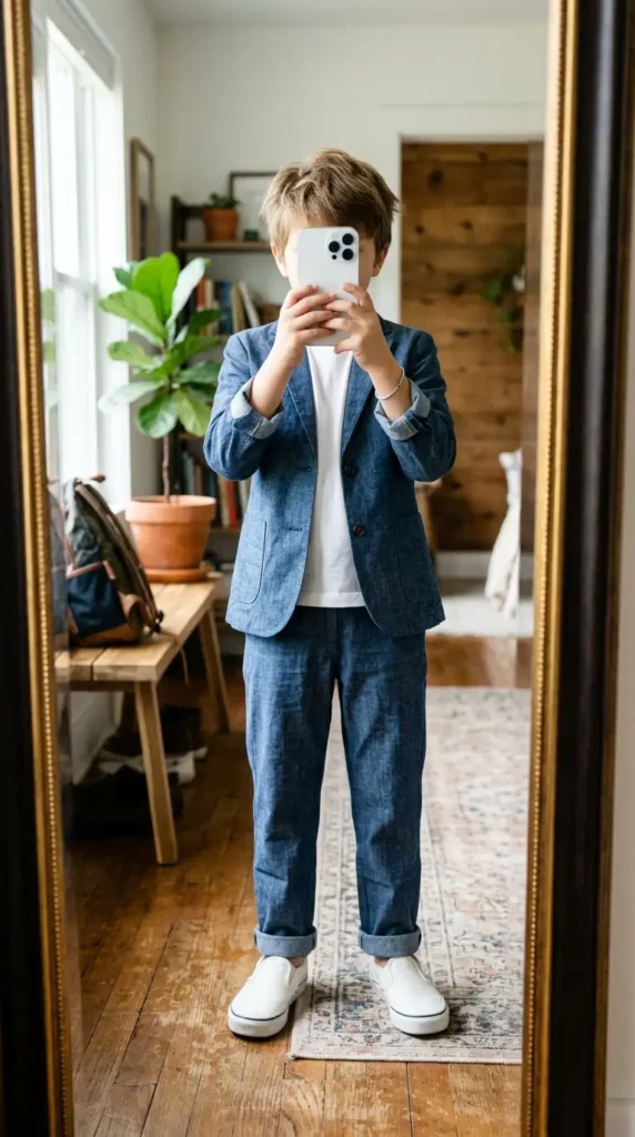 Chambray boys suit outfit idea for wedding summer — denim-look blazer, rolled trousers, white tee, and slip-on sneakers.