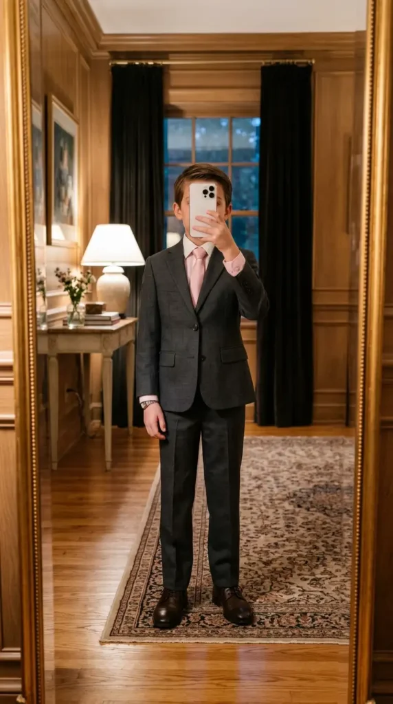 Boys suit outfit ideas for wedding summer — charcoal two-piece with pink tie and pastel shirt in an elegant mirror selfie.