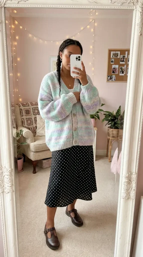 Black and white polka dot skirt outfits layered with a pastel chunky knit cardigan and brown Mary Janes
