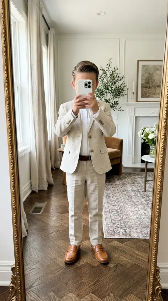 Classic light beige linen boys suit outfit for wedding summer with white shirt, brown belt, and tan penny loafers.