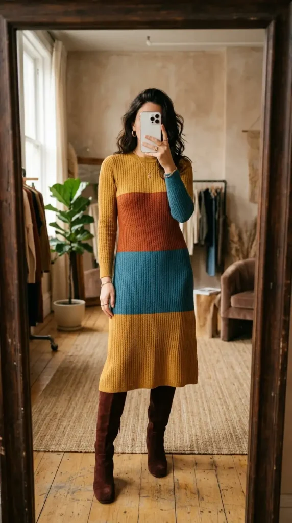 Artistic style outfits for women: color-block knit sweater dress in mustard and teal with knee boots.
