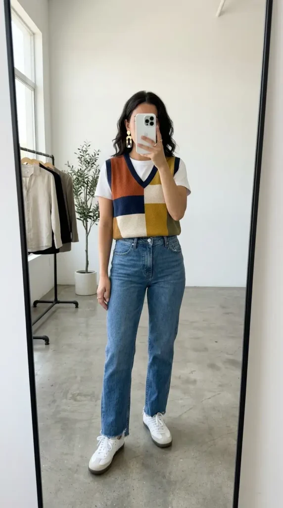 Color-blocked knit vest over white tee and straight jeans — a retro Summer Artsy School Outfits look.