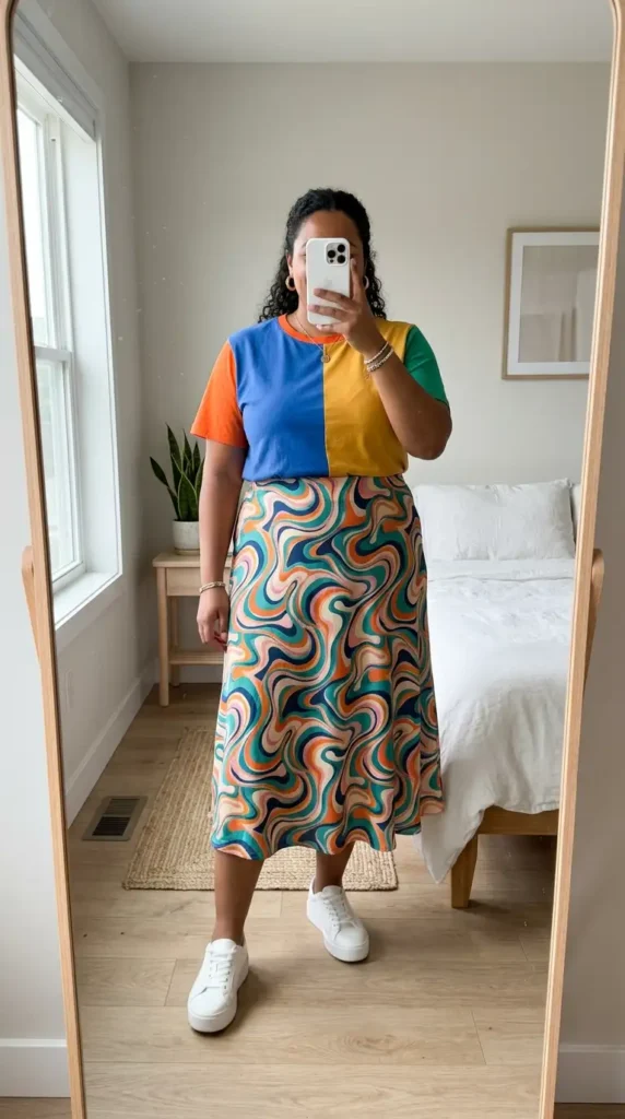Color-blocked tee with swirl midi skirt — summer artsy outfit ideas for plus size women styled casually.
