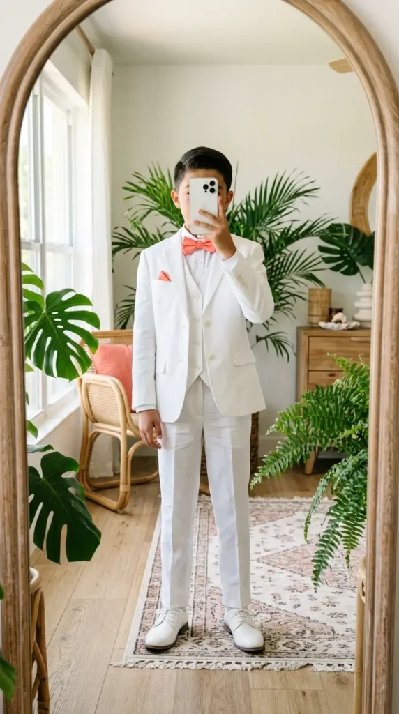 Boys suit outfit idea for wedding summer — crisp white three-piece suit with coral bow tie and pocket square in a boho mirror.