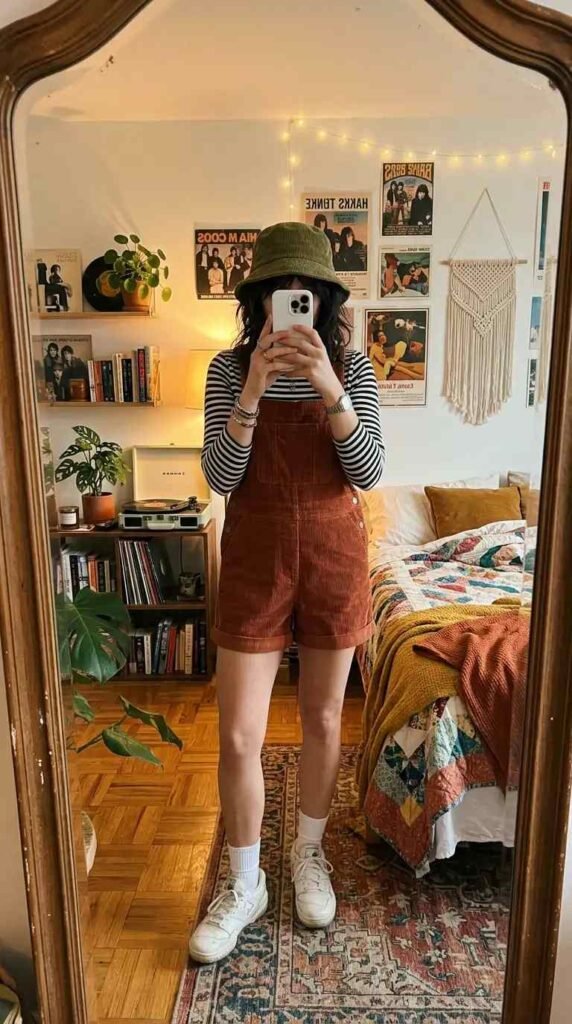 Brown corduroy overall shorts with striped shirt and bucket hat — vintage Summer Artsy School Outfits.