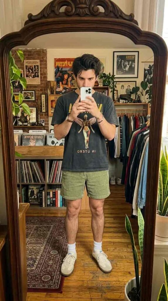Vintage band tee with sage corduroy shorts — effortless summer artsy outfits for men, boho room mirror
