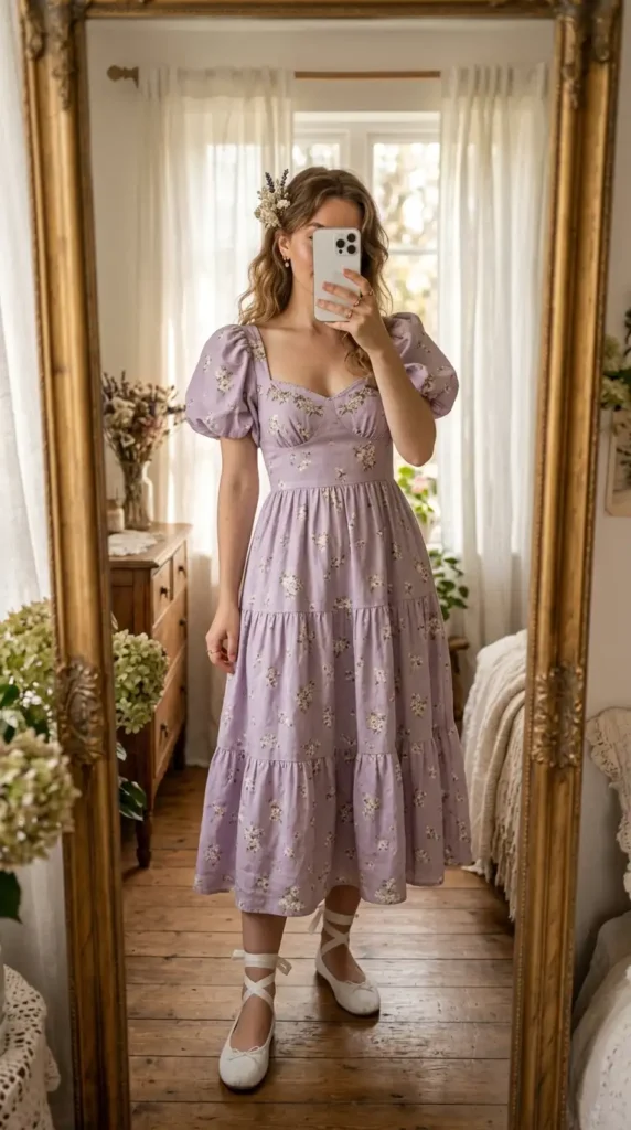 Lavender floral puff sleeve midi dress — a romantic cottagecore summer wedding anniversary outfit idea.
