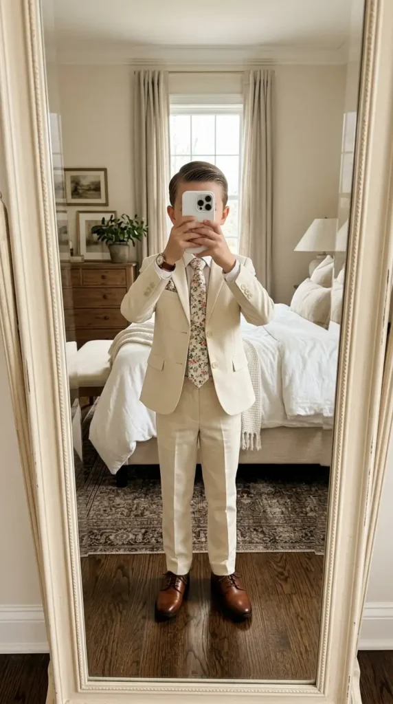 Cream boys suit outfit for wedding summer paired with a floral tie and brown Oxford shoes in a soft bedroom mirror selfie.
