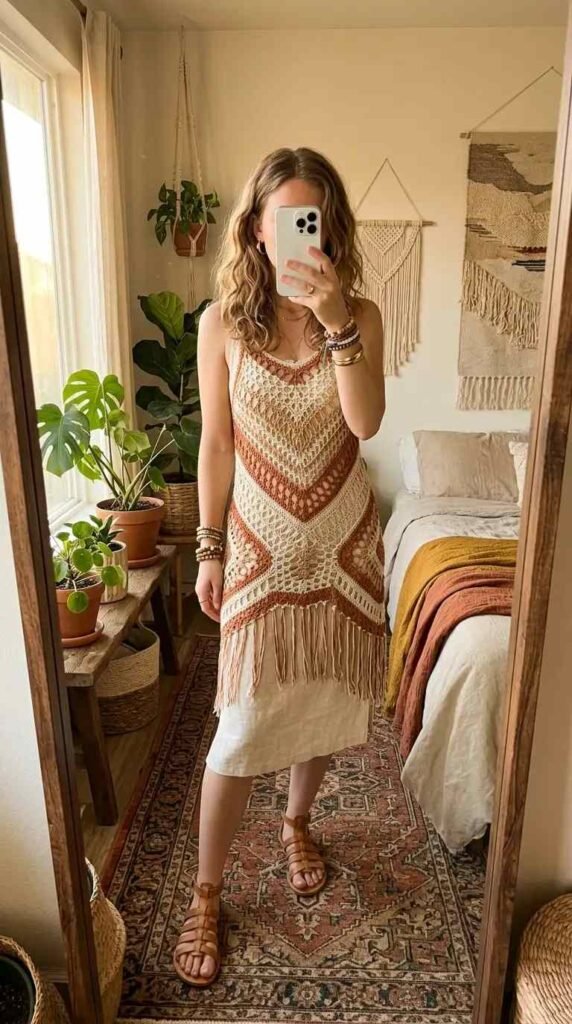 Artistic style outfits for women: boho crochet fringe dress layered over a linen slip with sandals.

