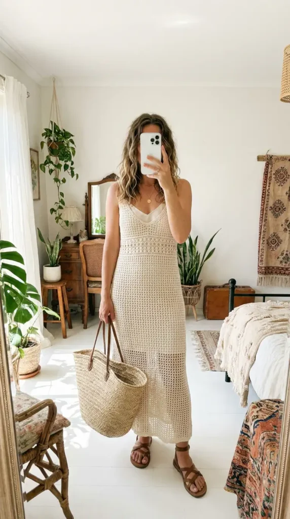Dreamy hippie outfit ideas for women: crochet open-knit maxi dress over slip, straw tote & brown sandals.
