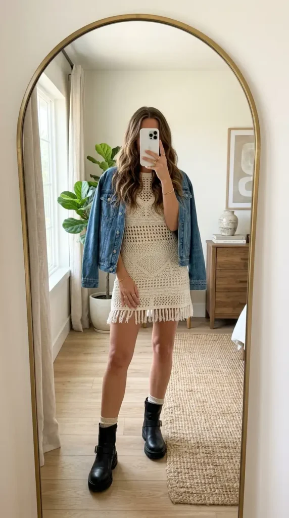 Cream crochet mini dress with fringe hem, denim jacket, and black combat boots — a woven fantasy dress to impress
