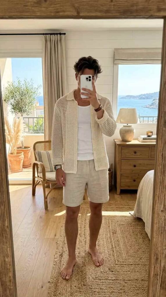 Open crochet knit shirt over white tank and linen shorts — breezy summer artsy outfits for men
