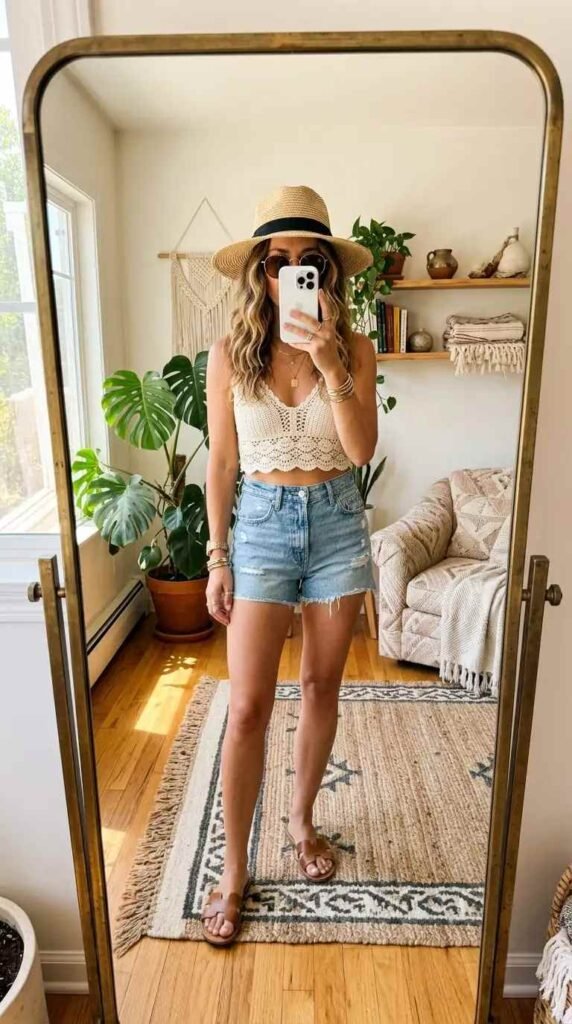Cream crochet crop top with denim cutoff shorts and straw hat — boho Summer Artsy School Outfits.