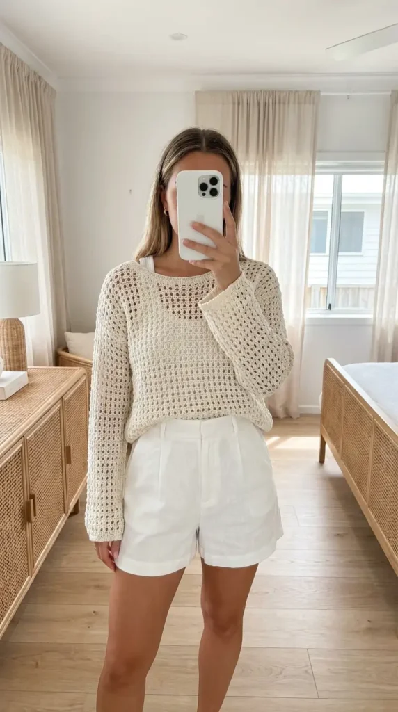Cream crochet oversized top paired with white tailored shorts — breezy summer family reunion outfit ideas